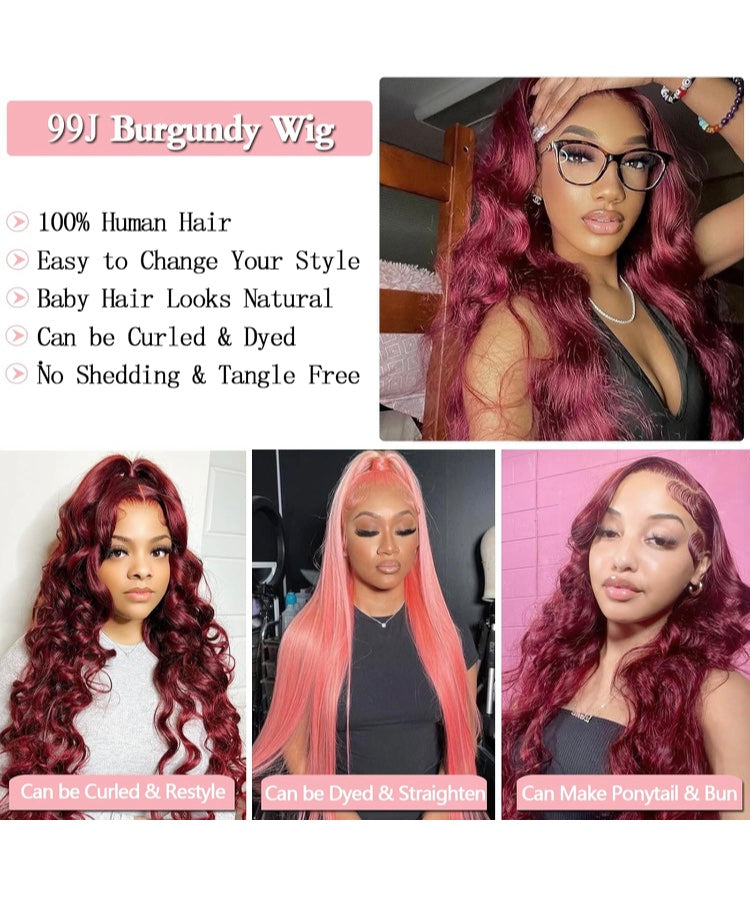 28” Human Hair Burgundy Wig